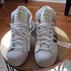 Brand New Adidas High-Top Sneakers in White, Green, & Gold